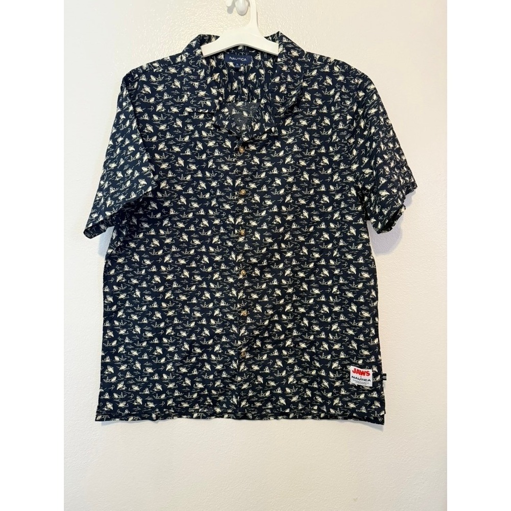 Nautica x Jaws Mens Navy Blue Shark Print Short Sleeve Button Down Shirt XL NEW